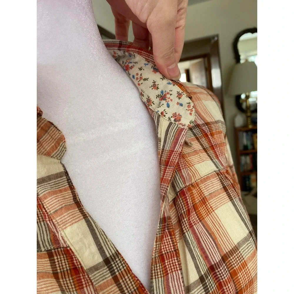 Y2K Plaid Floral Ruffle Belt Orange Mini Dress Cotton‎ Large Western Fem Cowgirl